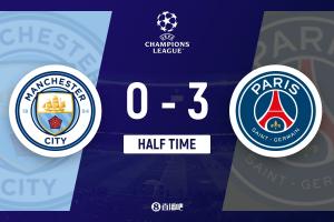 中场战报：巴黎以3-0领先曼城，杜埃2分钟内双响，登贝莱与维蒂尼亚各入一球，曼城仅射中一次目标